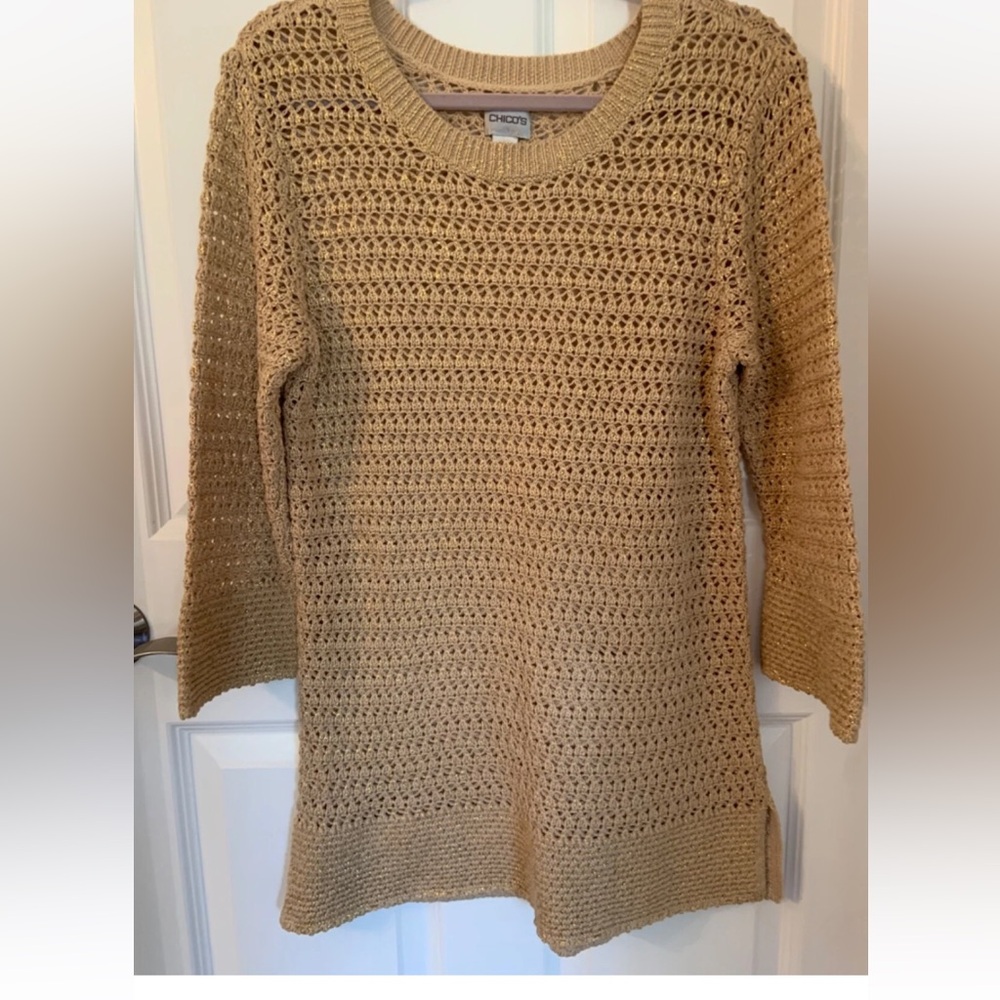 Chico’s Tunic Sweater Women 8 Gold Metallic Coastal Minimalist crochet Cotton